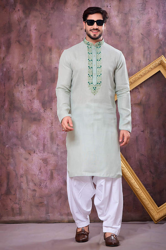 Pista Green Colour Semi Linen Cotton Machine Embrodiary Work Kurta Pajama