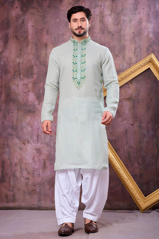 Pista Green Colour Semi Linen Cotton Machine Embrodiary Work Kurta Pajama