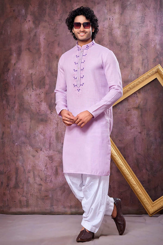 Purple Colour Semi Linen Cotton Machine Embrodiary Work Kurta Pajama