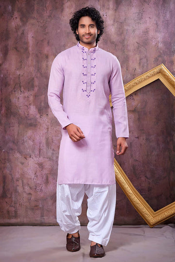 Purple Colour Semi Linen Cotton Machine Embrodiary Work Kurta Pajama