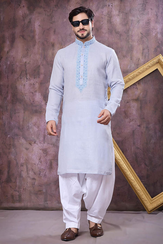 Sky Blue Colour Semi Linen Cotton Machine Embrodiary Work Kurta Pajama