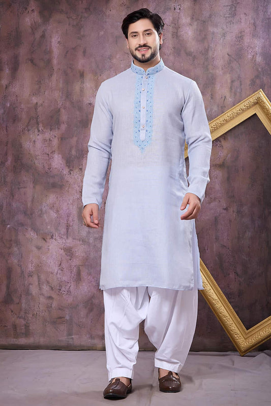 Sky Blue Colour Semi Linen Cotton Machine Embrodiary Work Kurta Pajama
