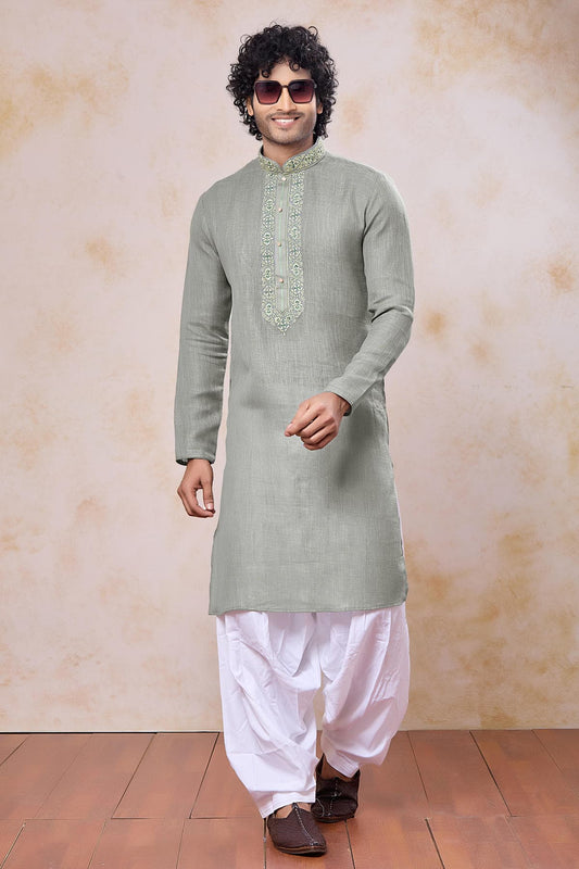 Green Colour Semi Linen Cotton Machine Embrodiary Work Kurta Pajama