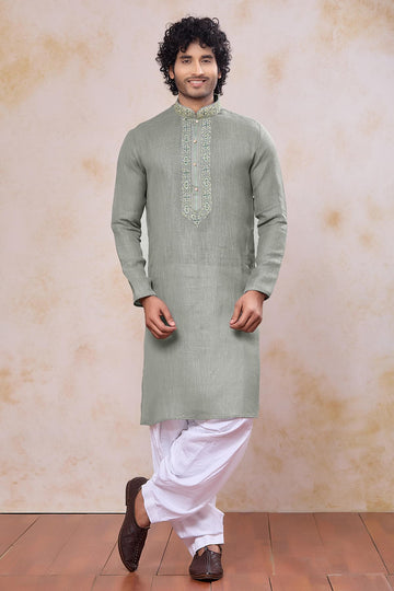 Green Colour Semi Linen Cotton Machine Embrodiary Work Kurta Pajama