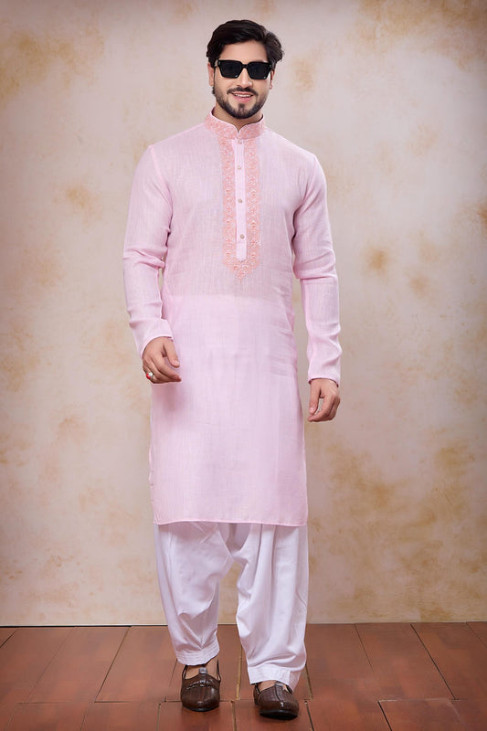 Pink Colour Semi Linen Cotton Machine Embrodiary Work Kurta Pajama