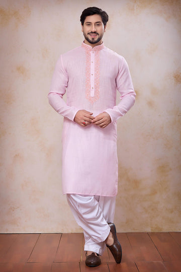 Pink Colour Semi Linen Cotton Machine Embrodiary Work Kurta Pajama