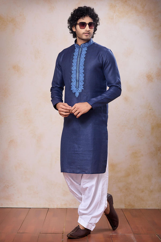 Navy Blue Colour Semi Linen Cotton Machine Embrodiary Work Kurta Pajama