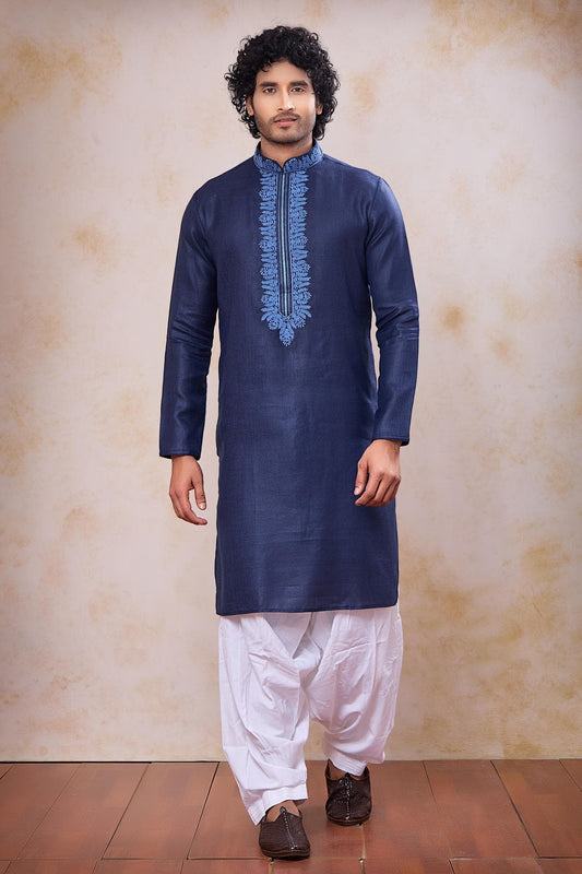 Navy Blue Colour Semi Linen Cotton Machine Embrodiary Work Kurta Pajama
