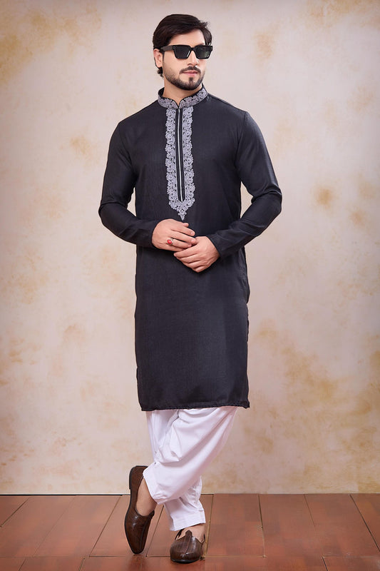 Black Colour Semi Linen Cotton Machine Embrodiary Work Kurta Pajama