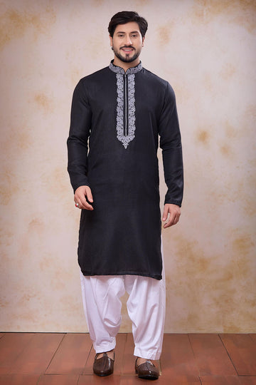 Black Colour Semi Linen Cotton Machine Embrodiary Work Kurta Pajama