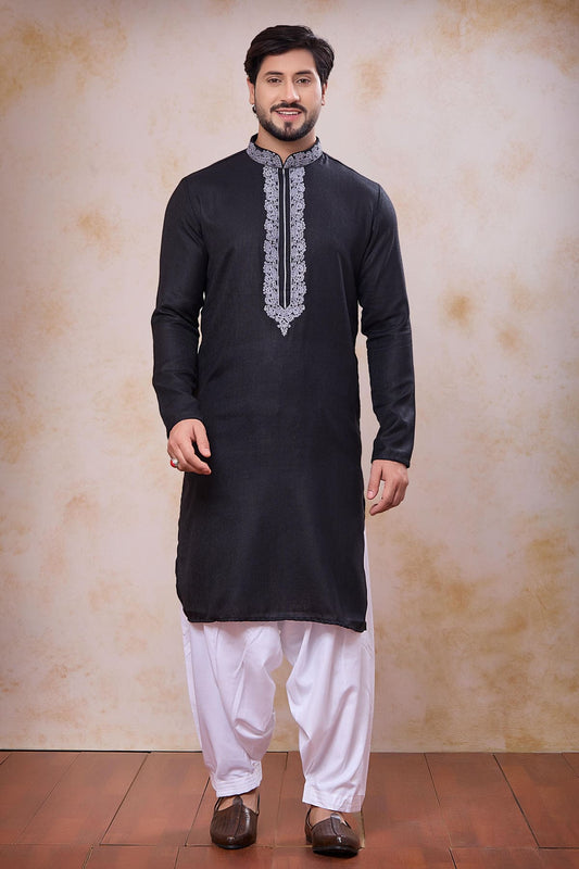 Black Colour Semi Linen Cotton Machine Embrodiary Work Kurta Pajama