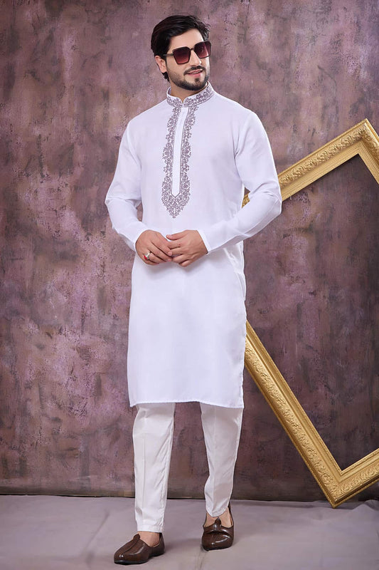 Off White Colour Semi Linen Cotton Machine Embrodiary Work Kurta Pajama