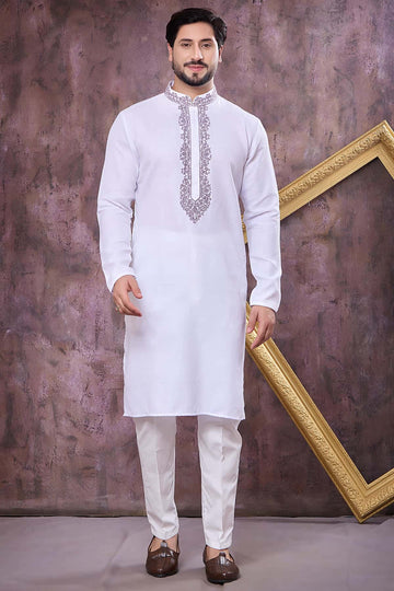 Off White Colour Semi Linen Cotton Machine Embrodiary Work Kurta Pajama