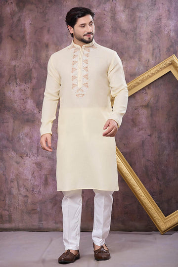 Yellow Colour Semi Linen Cotton Machine Embrodiary Work Kurta Pajama