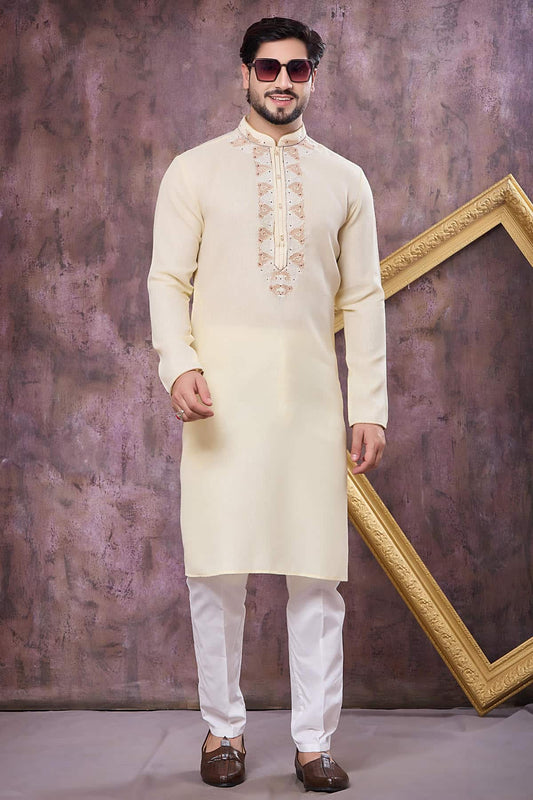 Yellow Colour Semi Linen Cotton Machine Embrodiary Work Kurta Pajama