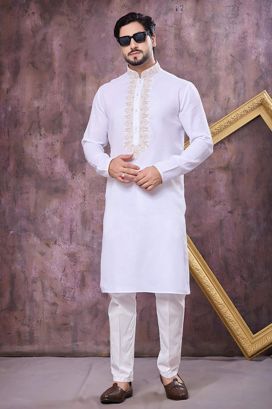 Off White Colour Semi Linen Cotton Machine Embrodiary Work Kurta Pajama