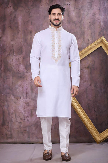 Off White Colour Semi Linen Cotton Machine Embrodiary Work Kurta Pajama
