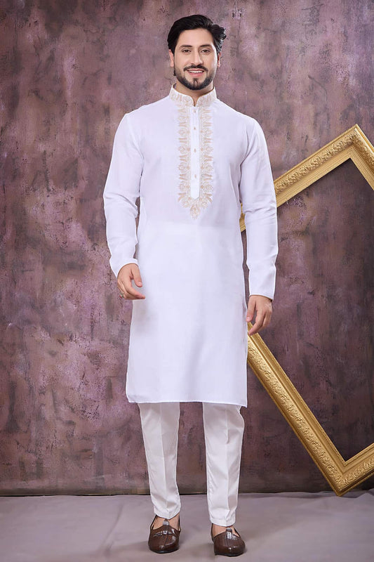 Off White Colour Semi Linen Cotton Machine Embrodiary Work Kurta Pajama
