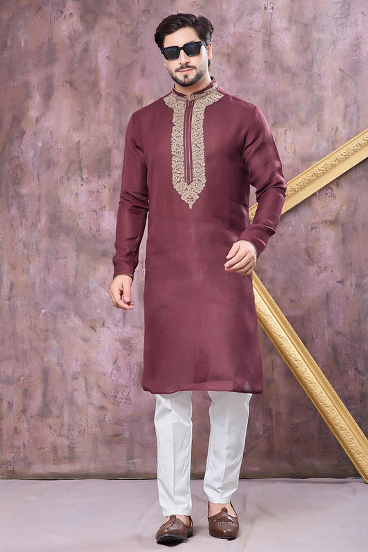 Maroon Colour Semi Linen Cotton Machine Embrodiary Work Kurta Pajama