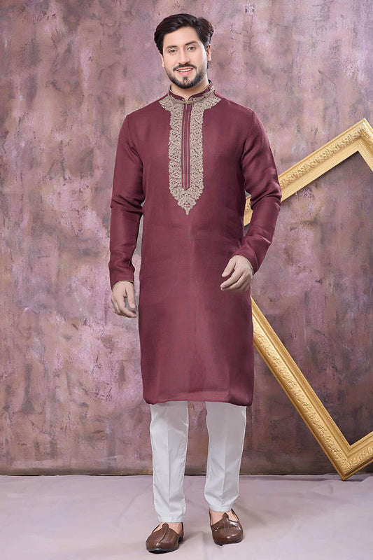 Maroon Colour Semi Linen Cotton Machine Embrodiary Work Kurta Pajama