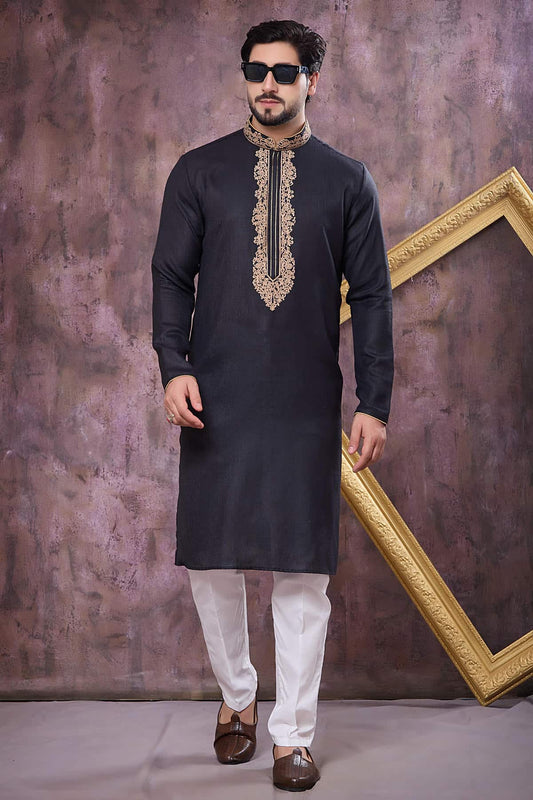 Black Colour Semi Linen Cotton Machine Embrodiary Work Kurta Pajama