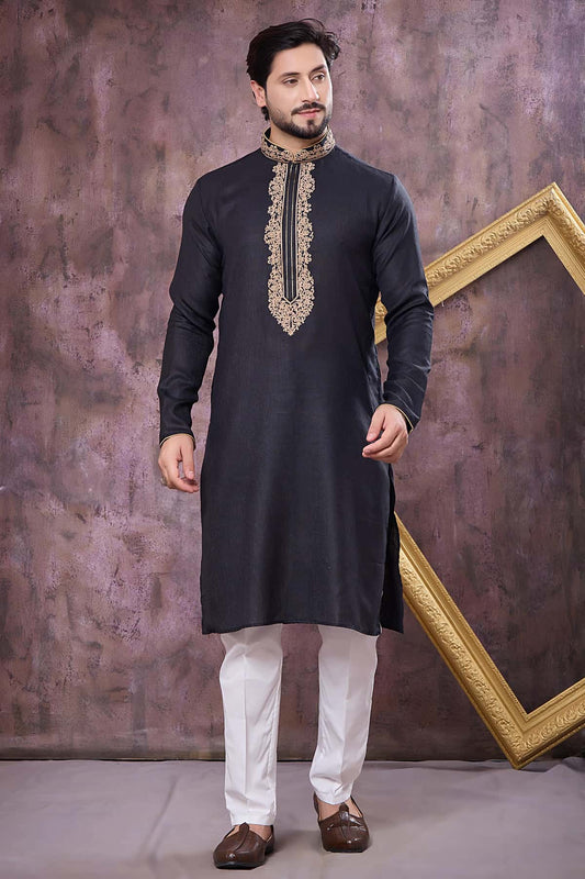 Black Colour Semi Linen Cotton Machine Embrodiary Work Kurta Pajama