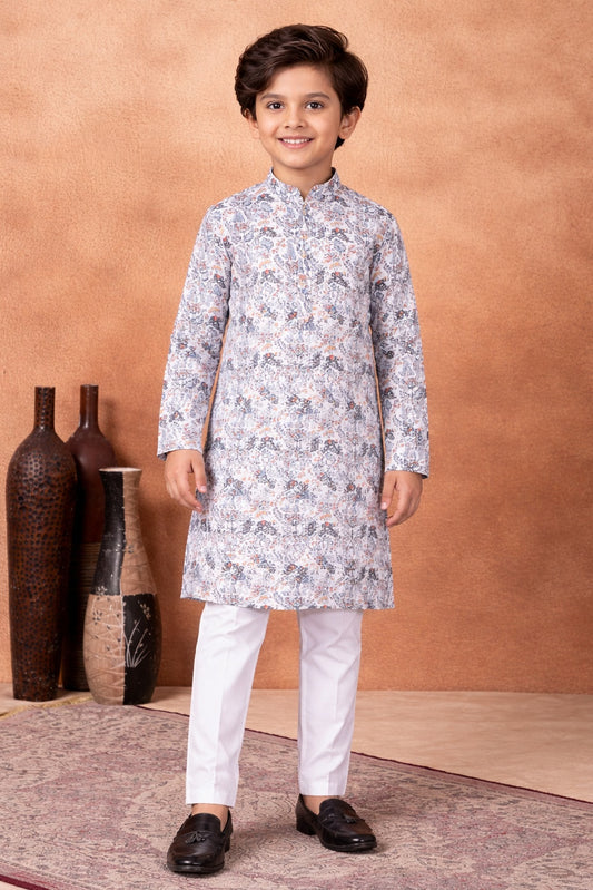 Art Silk Grey Colour Pintux Work Kids Kurta Pajama
