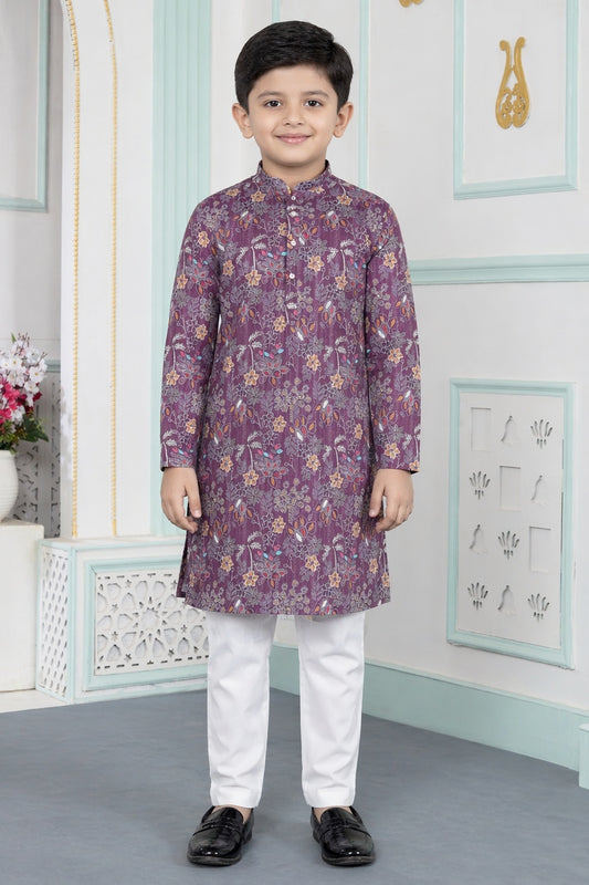 Art Silk Purple Colour Pintux Work Kids Kurta Pajama