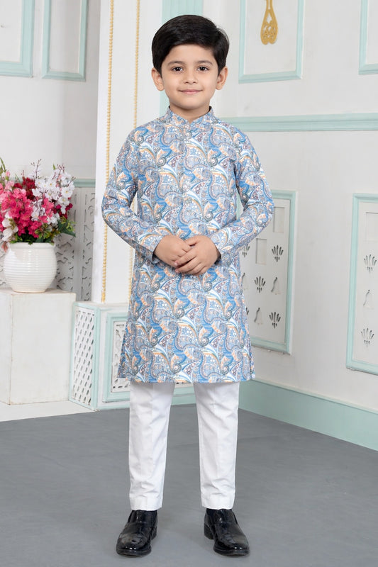 Art Silk Blue Colour Pintux Work Kids Kurta Pajama