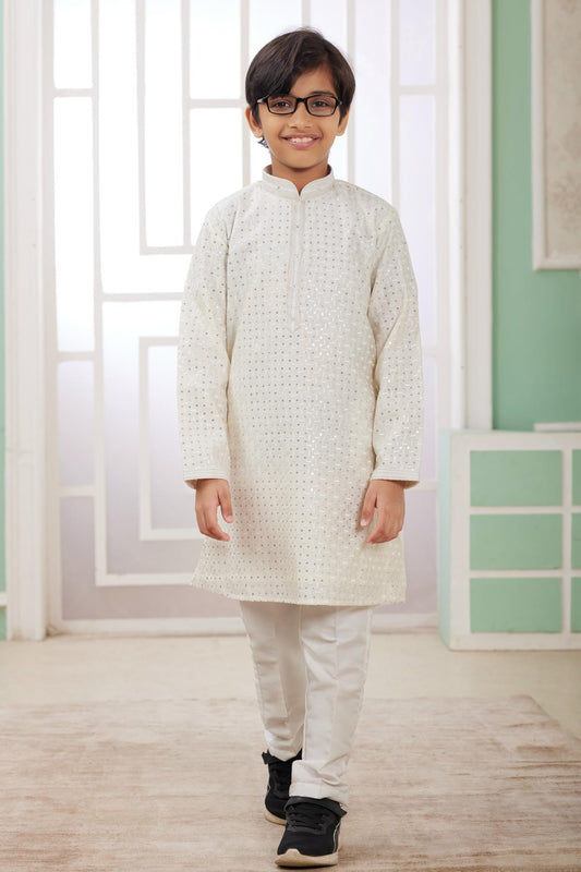 Art Silk Thread Embroidery Work Cream Colour Kurta Pajama