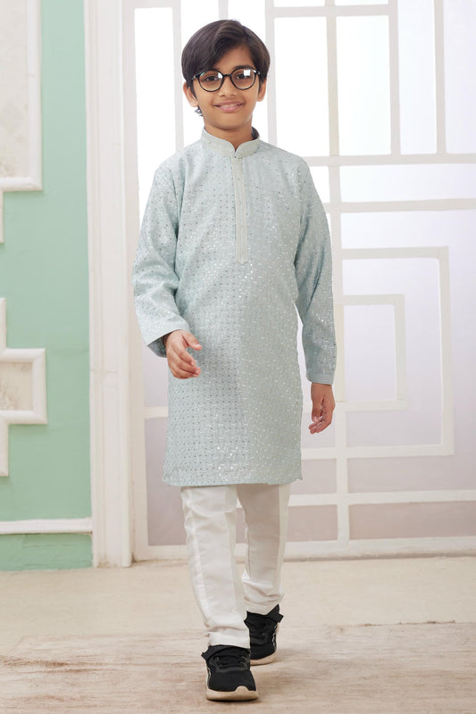 Art Silk Thread Embroidery Work Mint Green Colour Kurta Pajama