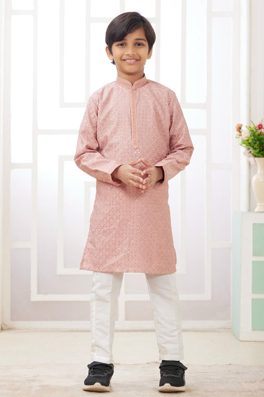 Art Silk Thread Embroidery Work Peach Colour Kurta Pajama