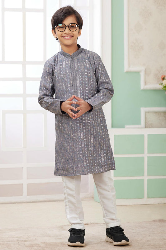 Art Silk Thread Embroidery Work Grey Colour Kurta Pajama