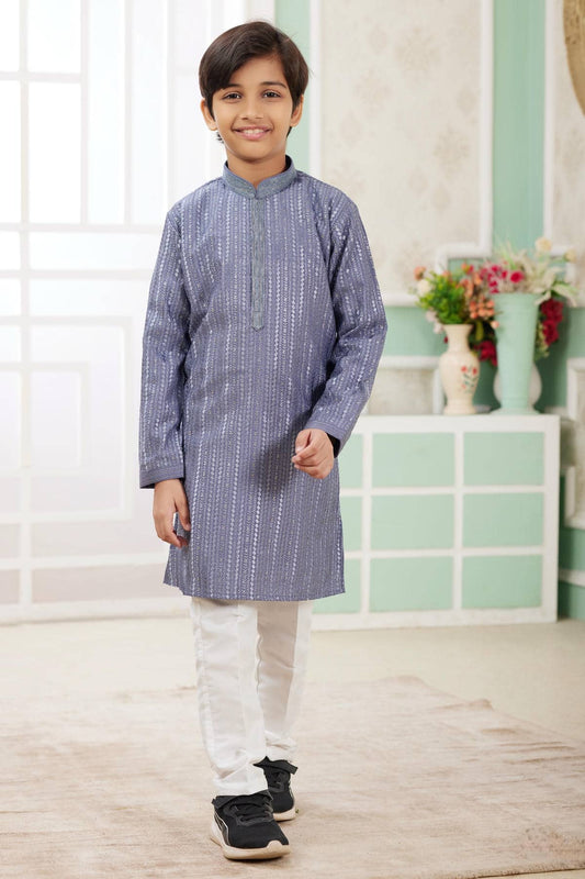 Art Silk Thread Embroidery Work Blue Colour Kurta Pajama