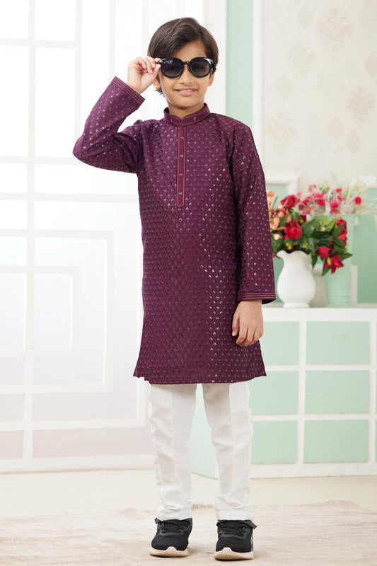 Art Silk Thread Embroidery Work Wine Colour Kurta Pajama