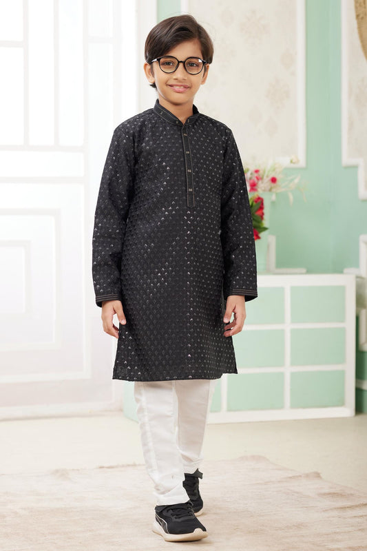 Art Silk Thread Embroidery Work Black Colour Kurta Pajama