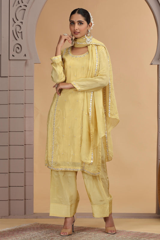 Yellow Colour Satin Silk Hand Work Salwar Suit