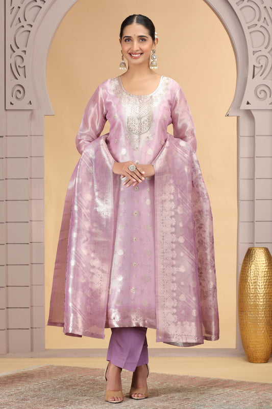 Organza Jacquard Woven and Hand Work Salwar Suit In Purple Pink Colour