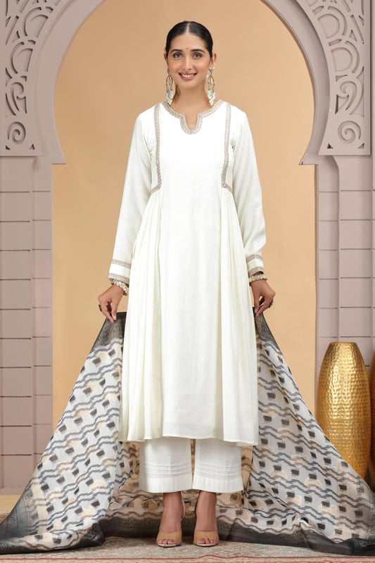 Chiffon Printed and Hand Work Salwar Suit In Off White Colour