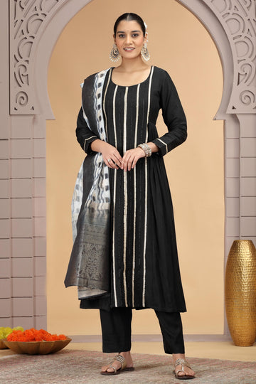 Chiffon Printed and Hand Work Salwar Suit In Black Colour