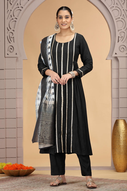 Chiffon Printed and Hand Work Salwar Suit In Black Colour